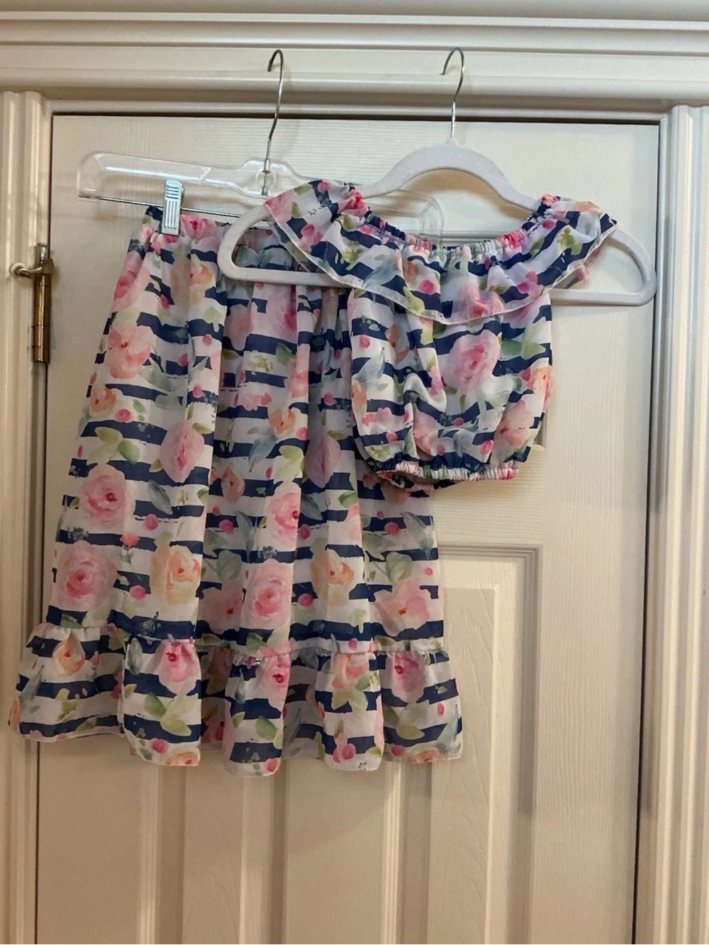 Girls Floral Stripe Tank Top & Skirt Set - Pink & Blue